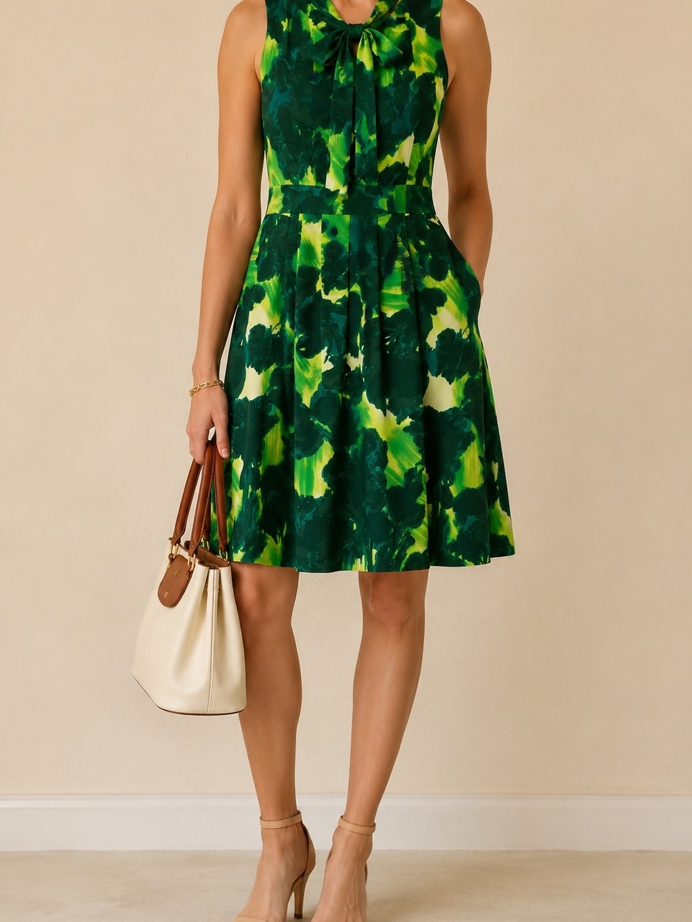 Merona Green Abstract Floral Tie Neck Sleeveless Midi Dress Size 4DescriptionB